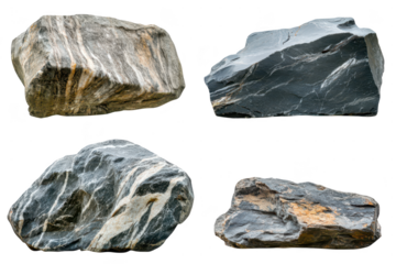 Four different textured rocks isolated on a transparent background, showcasing natural geological formations and diverse mineral compositions