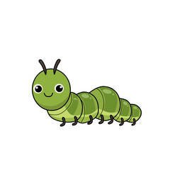 Cute green caterpillar cartoon with a smiling face, vector illustration isolated on white, perfect for kids books, animal education, and nature design