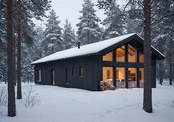 A dark cabin nestled amongst snow-covered trees, illuminated by warm interior lighting.