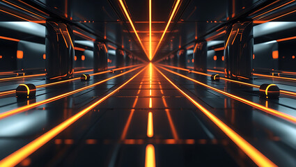 Futuristic neon lit tunnel with orange and blue lights and industrial architecture