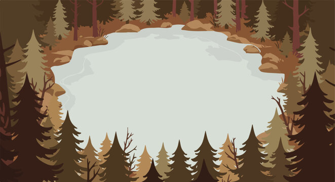 Forest Tall trees surround gray lake, autumnal color scheme