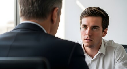 A young man is interviewed by a person in a suit, in a bright office setting.