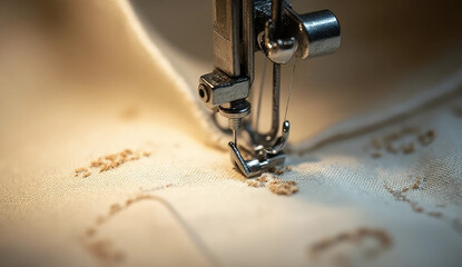 Close up of a sewing machine needle stitching beige cloth, showcasing the process of garment creation or fabric repair