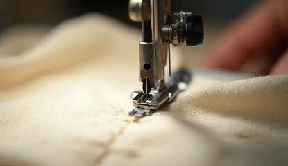 Close up of a sewing machine needle stitching beige cloth, showcasing the process of garment creation or fabric repair