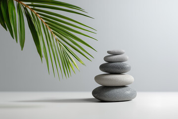Obraz premium Balancing stones on a gray background with a palm leaf. 
