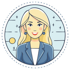 Smiling Blonde Woman in Blue Blazer with Round Earrings and Subtle Sparkle Background