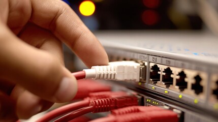 Hand plugging ethernet cable into a network device