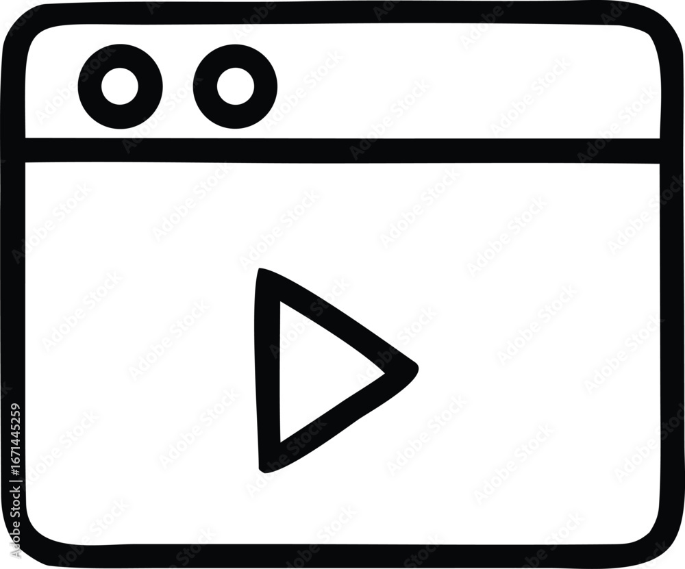 Aufkleber hand drawn play button icon within browser window sketch for digital media and online video content 