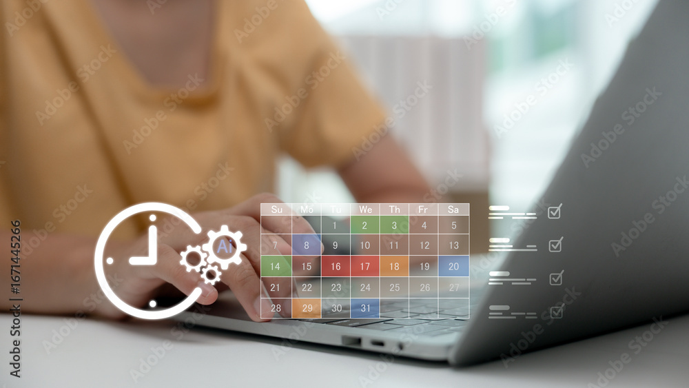 Poster ai time management and smart scheduling interface on laptop, digital productivity and task planning 