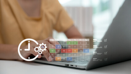 AI time management and smart scheduling interface on laptop, digital productivity and task planning concept, artificial intelligence technology for calendar automation, efficiency, 