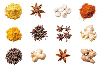 Obraz premium A collection of various spices including star anise, ginger, turmeric, peppercorns, and chili powder, isolated on transparent background
