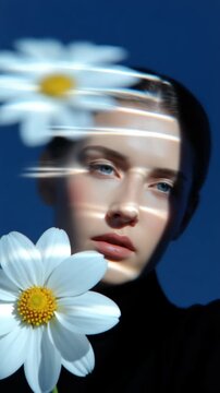 Artistic video concept with a close-up angle. Blurred daisies create a dreamy effect against a deep blue background, focusing on serene expression. Live mobile wallpaper.
