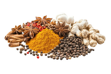 A vibrant assortment of spices including star anise, ginger, turmeric, peppercorns, cinnamon sticks, and red peppercorns, isolated on transparent background