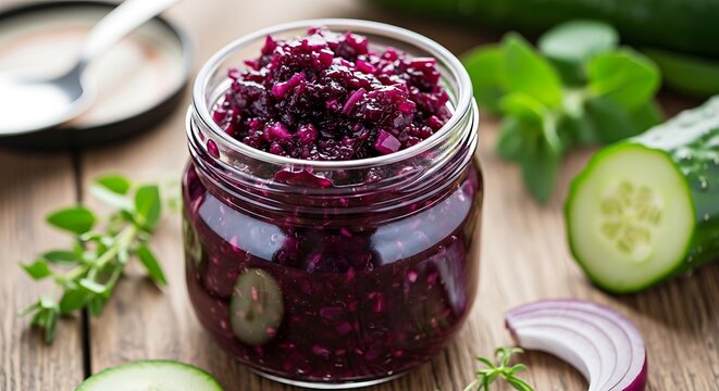 Beet relish in a glass jar with fresh vegetables. - Powered by Adobe
