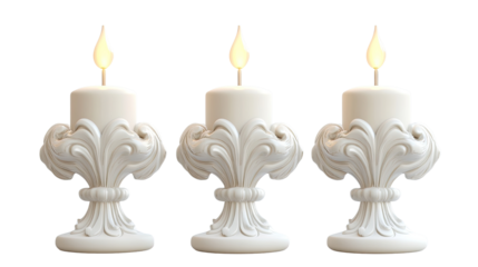 White Burning Candles in Candle Sticks Isolated on White Background