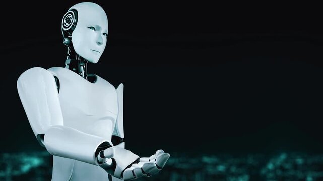AI hominoid robot holding virtual hologram screen showing concept of AI brain and artificial intelligence thinking by machine learning process. 3D rendering.