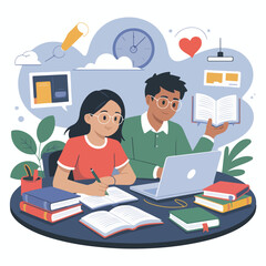 A girl and a boy are studying together at home with a laptop and books