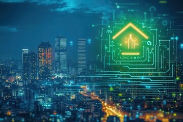 A glowing energy efficiency rating icon floating above a digital cityscape, symbolizing smart energy management in modern buildings