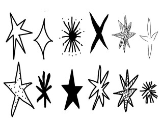 Hand-drawn doodle star shapes and sketch starbursts set, Abstract star icons collection, hand-drawn sketch style with unique line art design