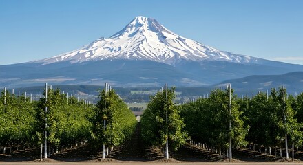 Obraz premium Majestic Snow-Capped Mountain with Green Trees.