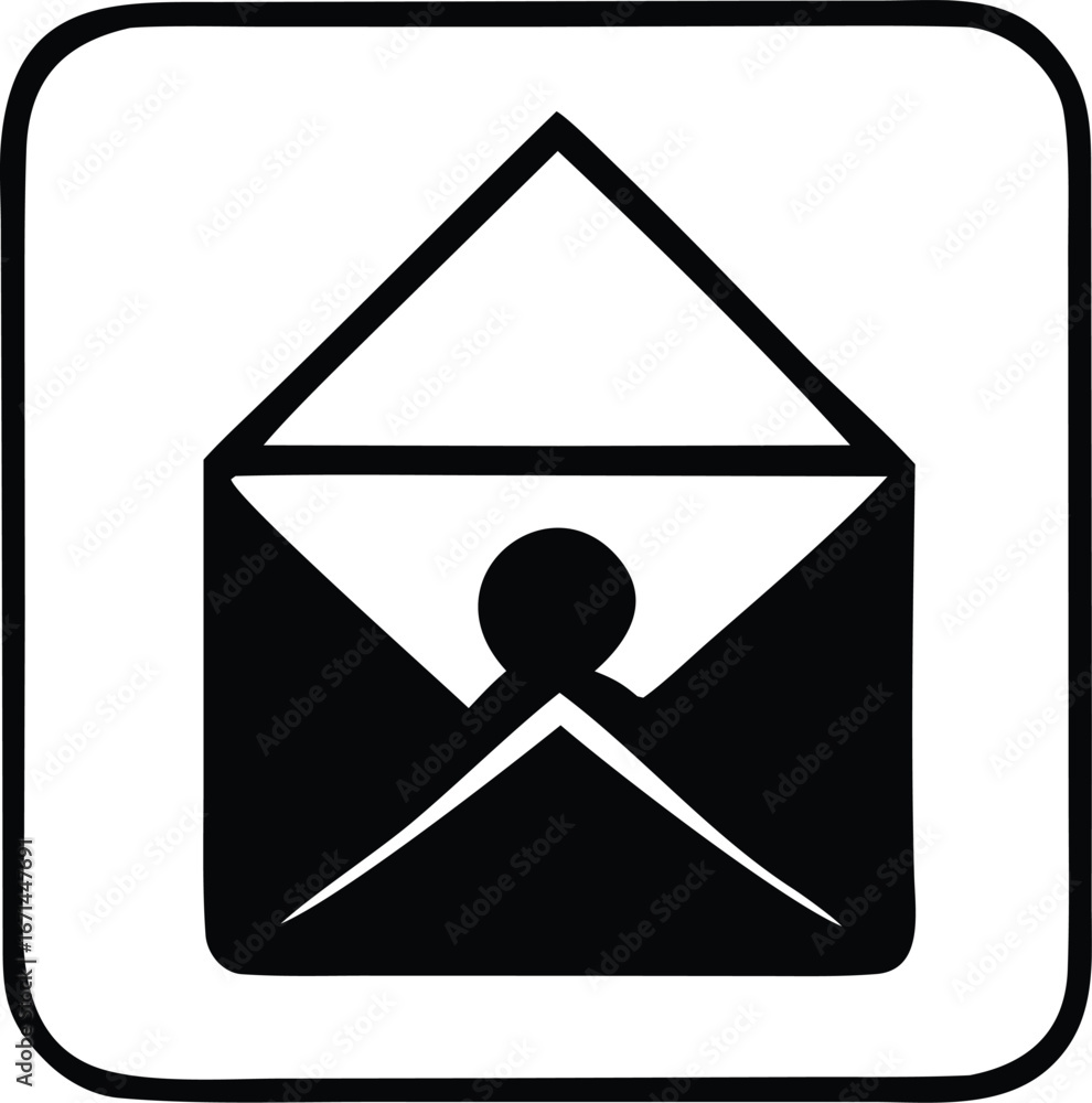 Poster simple black and white icon of an open envelope with a mysterious figure inside evokes communication