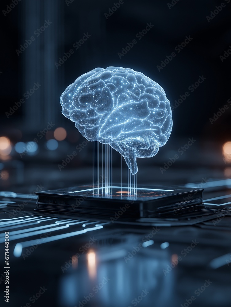 Poster a glowing digital brain floats above a circuit board, symbolizing advanced technology and artificial