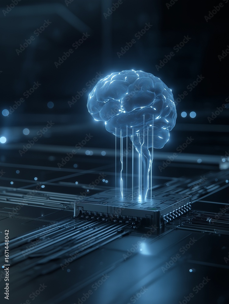 Poster a digital concept image of a glowing brain connected to a microchip, symbolizing the fusion of artif