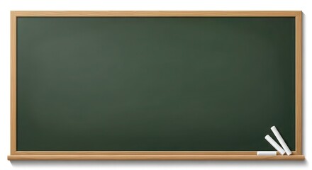 A green chalkboard with a wooden frame and two pieces of white chalk lying on the bottom right corner.