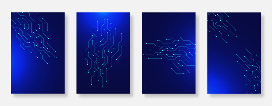 Futuristic poster background set with electronic circuit board texture. Suitable for book cover template, banner, flyer, music and technology design concept