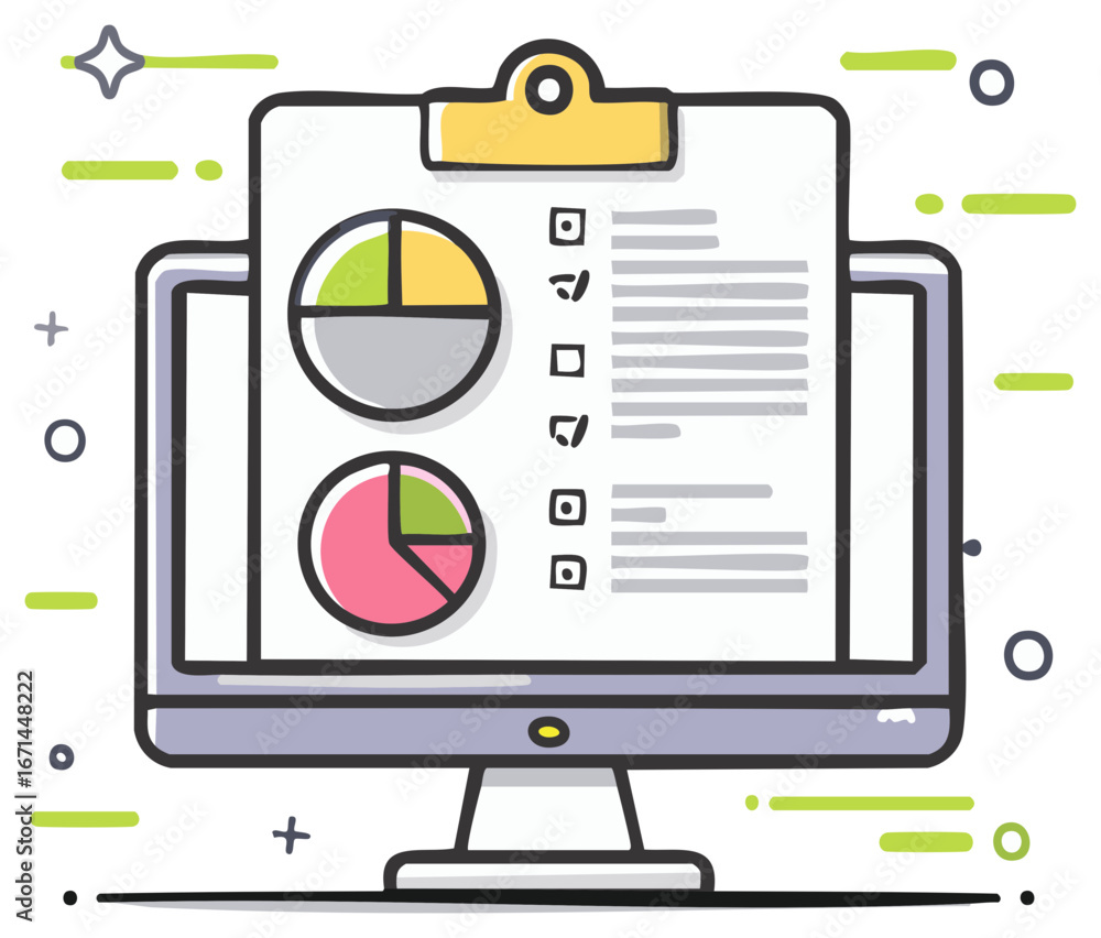 Aufkleber computer monitor displaying business data charts and digital productivity checklist illustration
