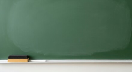 Green chalkboard with chalk and duster on the ledge, ready for a lesson.