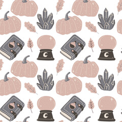 Seamless pattern with pumpkins, magic crystals, spell books and crystal balls, cartoon vector illustration for Halloween, witchcraft themes, textile design, wrapping paper, seasonal decor.