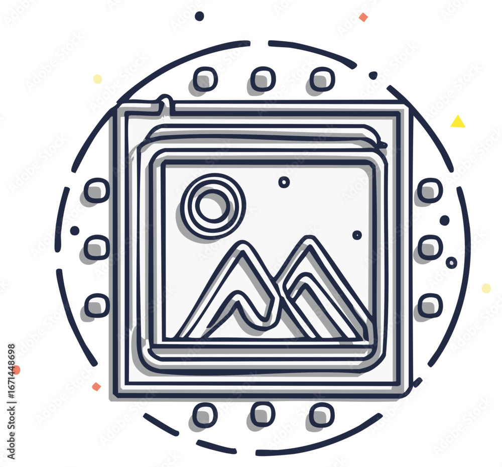 Poster minimalist line art illustration depicting a scenic landscape image icon within a dynamic circular f