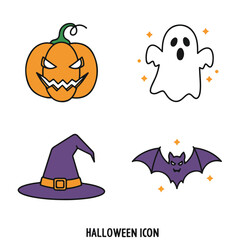 Spooky icons pumpkin, ghost, witch hat, and bat for Halloween