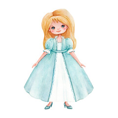 Cute cartoon blonde girl in a long turquoise dress, isolated painted in watercolor on a white background. Watercolor illustration for girls, nursery decor, childrens clothes and kids parties.