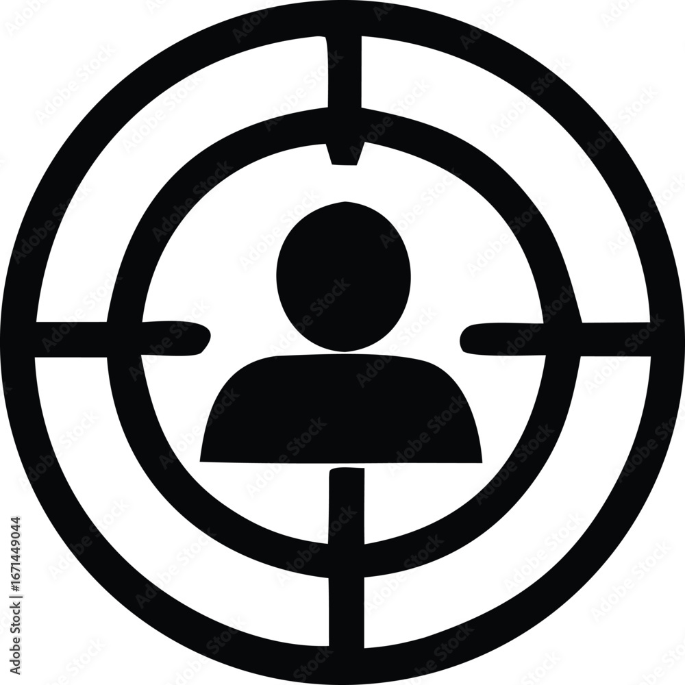 Poster iconic representation of a person centered in a targeting reticle symbolizing focus objective and se