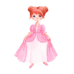 A cute girl in a long pink dress on a white background. Isolated watercolor illustration in cartoon style for greeting cards, invitations, nursery decor, kids clothes and print for a childrens holiday