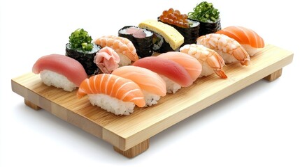 Assorted sushi pieces on a wooden platter.