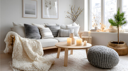 A serene Nordic living space, radiating warmth and comfort, perfect for festive gatherings.