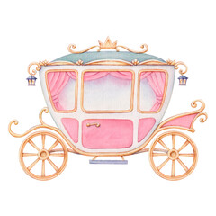 Set with cute girls, a carriage, crowns, clouds and flowers isolated on a white background. Watercolor illustration, hand-made in pastel colors, for nursery decor, childrens clothes and kids parties