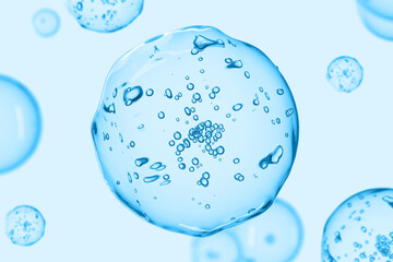 Blue transparent water gel drop  with air bubbles on aqua background. Abstract cosmetic texture,...