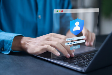 Cloud service access concept. User login, shared document, cyber security, sign in page, public folder access, editing online, data protection. Person using laptop with account login on screen.