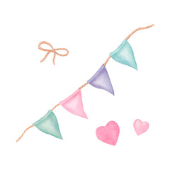 Multicolored flags and decorative elements in the form of hearts, highlighted on a white background in pastel tones. Watercolor illustration for decor, clothes, sticker, greeting cards, invitations.