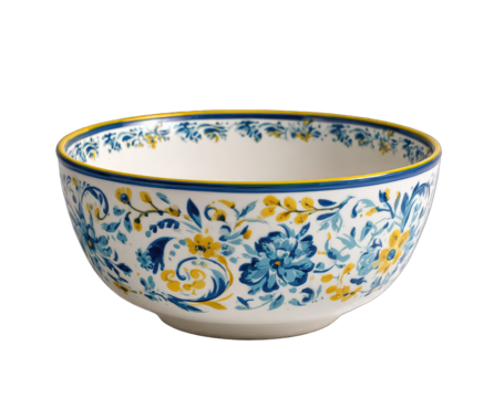 Floral patterned bowl, white base, blue and yellow design