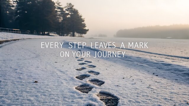 Inspirational quote every step leaves a mark on your journey over a snowy landscape with footprints.