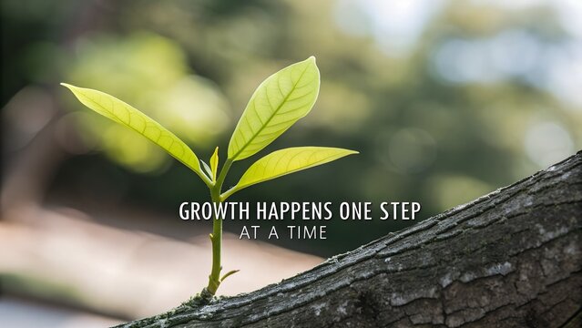 Inspirational quote Growth Happens One Step At A Time over a new plant sapling.