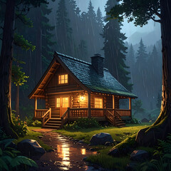 Cozy log cabin in rainy forest