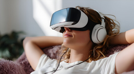 Naklejka premium Relaxing Young Woman Wearing VR Headset and Headphones on Soft Couch