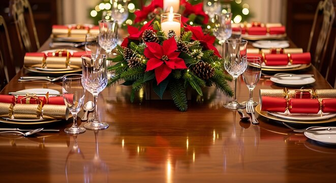 Elegant Christmas dinner table setting with festive decorations, poinsettia centerpiece, and crackers, ready for a holiday celebration.