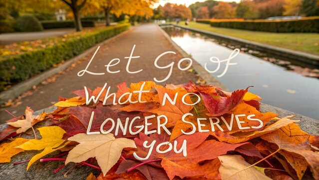 Inspirational quote Let Go of What No Longer Serves You on autumn leaves.